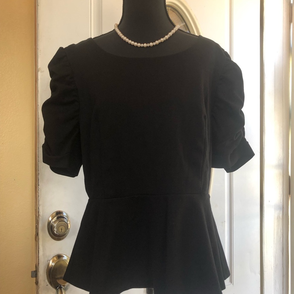 INC International Concepts Black Puff-Sleeve Peplum Top
